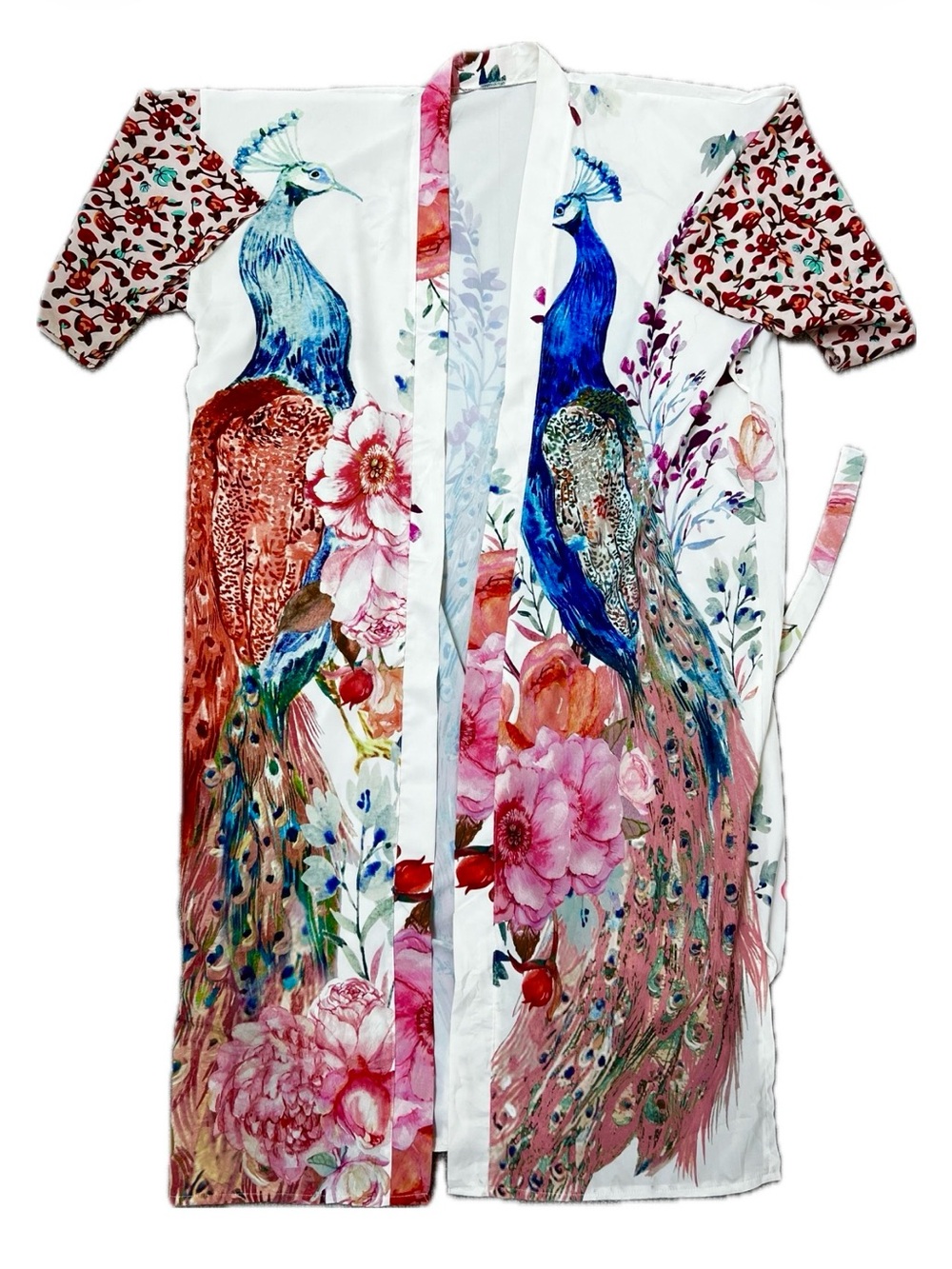 Peacock Floral Kimono Robe in Cream and Blue - Picture 5 of 7